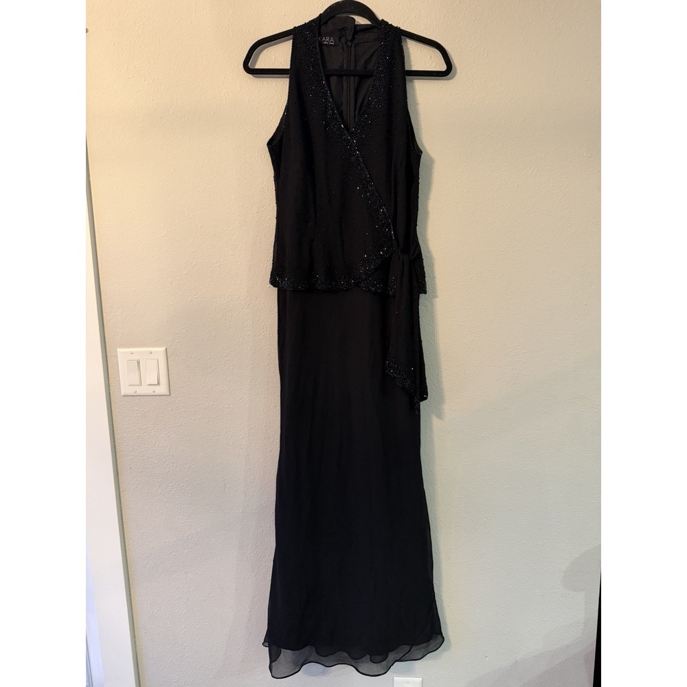 J‎ Kara New York Black Beaded Evening Cocktail Formal V Neck Gown Dress Size 6